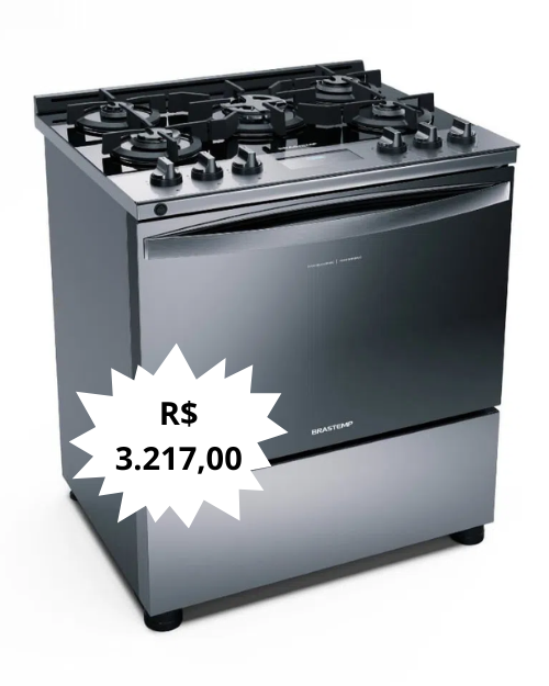 Fogão Brastemp 5 Bocas Cor Inox Com Mesa de Vidro e Turbo Chama - BFS5VCR BIVOLT