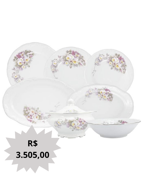 Serviço de Jantar 41 peças em Porcelana, Modelo Redondo Pomerode com Relevo, Decoração Vitoria, Filete em Prata, Multicor, Porcelana Schmidt