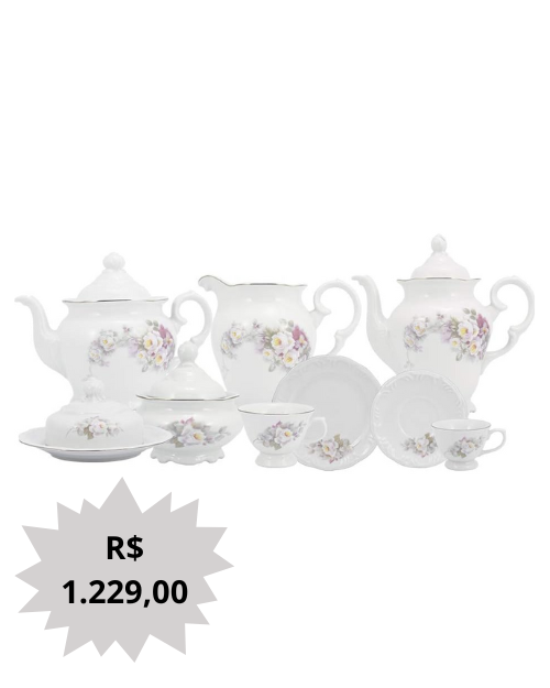 Serviço de Chá e Café 53 peças em Porcelana, Modelo Redondo Pomerode com Relevo, Decoração Vitoria, Filete em Prata, Multicor, Porcelana Schmidt